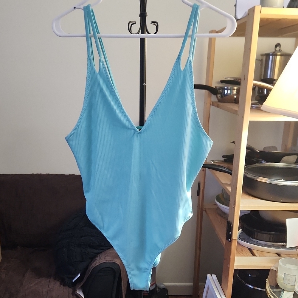 Blue Ribbed V-Neck Bathing suit NEVER WORN